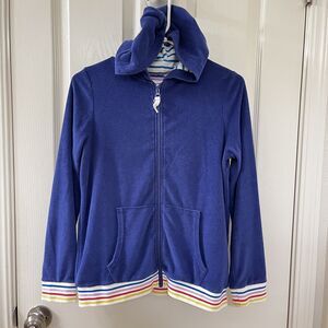 Mini Boden Blue Terry Hooded Full Zip Jacket Rainbow Ribbing Girls Size 13-14